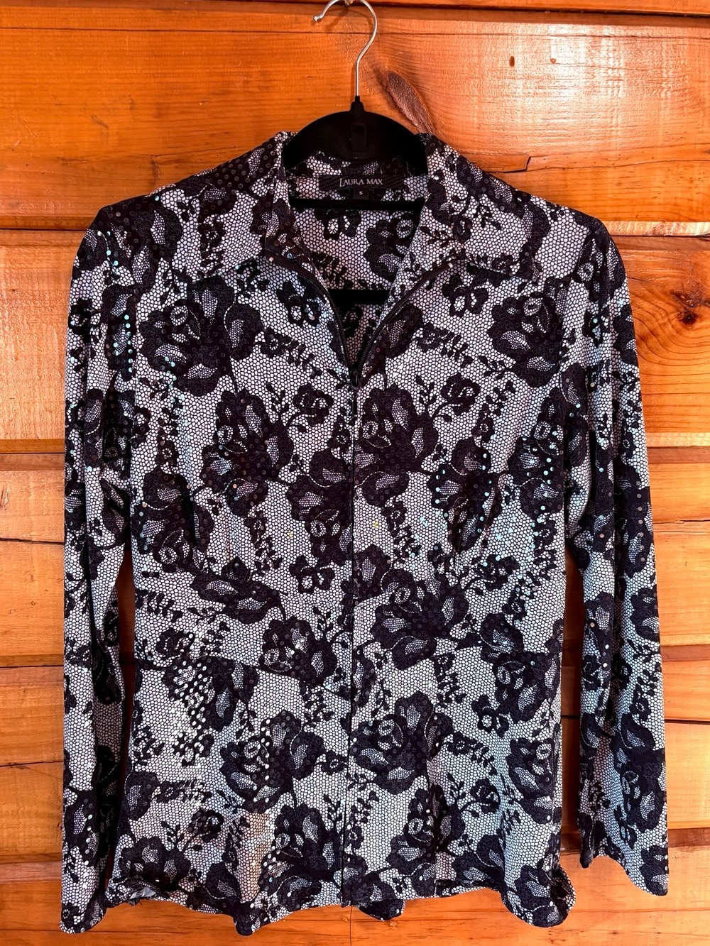 Laura Max Black White Floral Lace Sequin Zip Jacket Size S